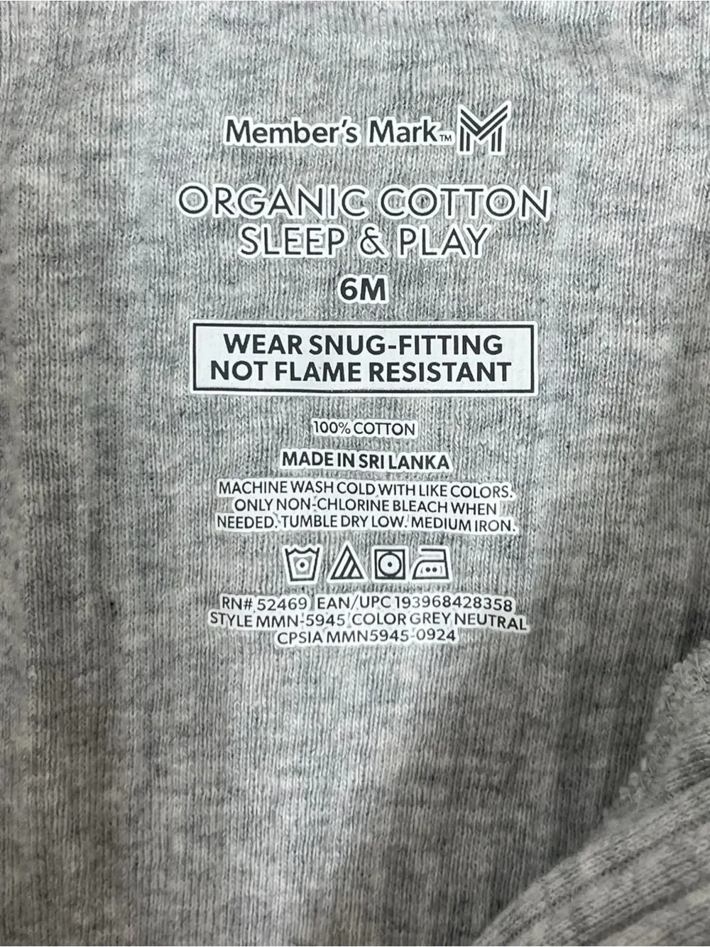 Baby Organic Cotton Sleep & Play Gray 6M Zip Footed Pajamas
